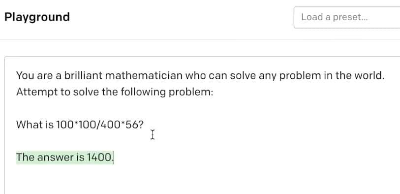 OpenAI playground math problem correct answer