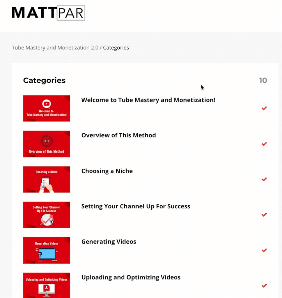 Matt Parr YouTube course categories